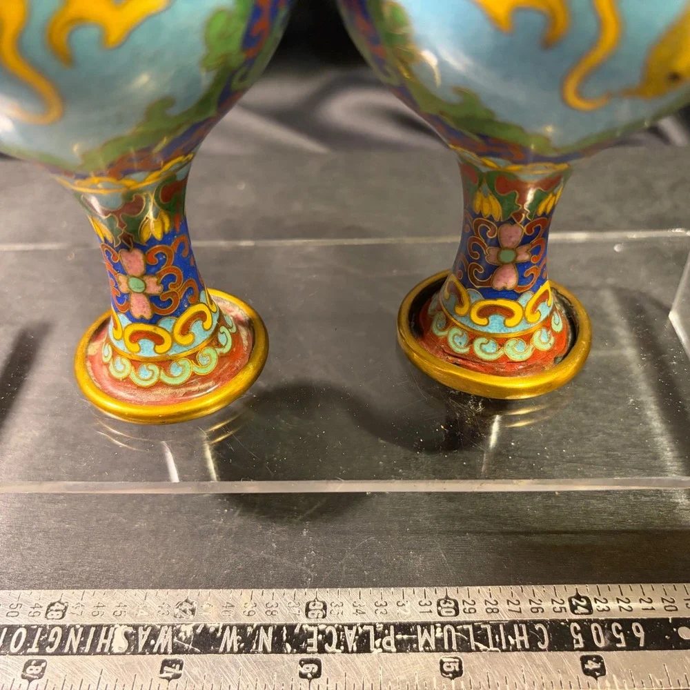 Vintage Chinese Cloisonne Enamel Phoenix Miniature Bud Vases Pair Turquoise 4in